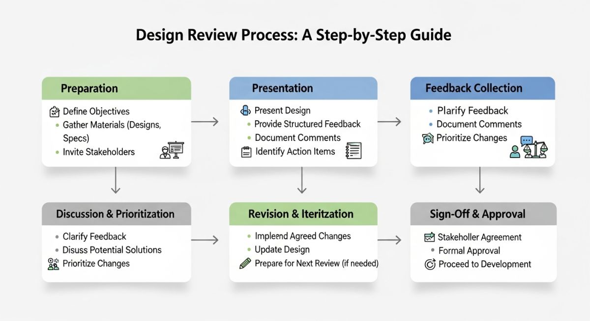 Step-by-step engineering design review process flow chart showing 30%, 60%, and 90% gates