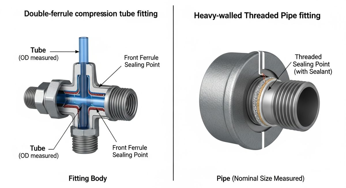 Technical comparison diagram showing the differences between tube fittings and pipe fittings