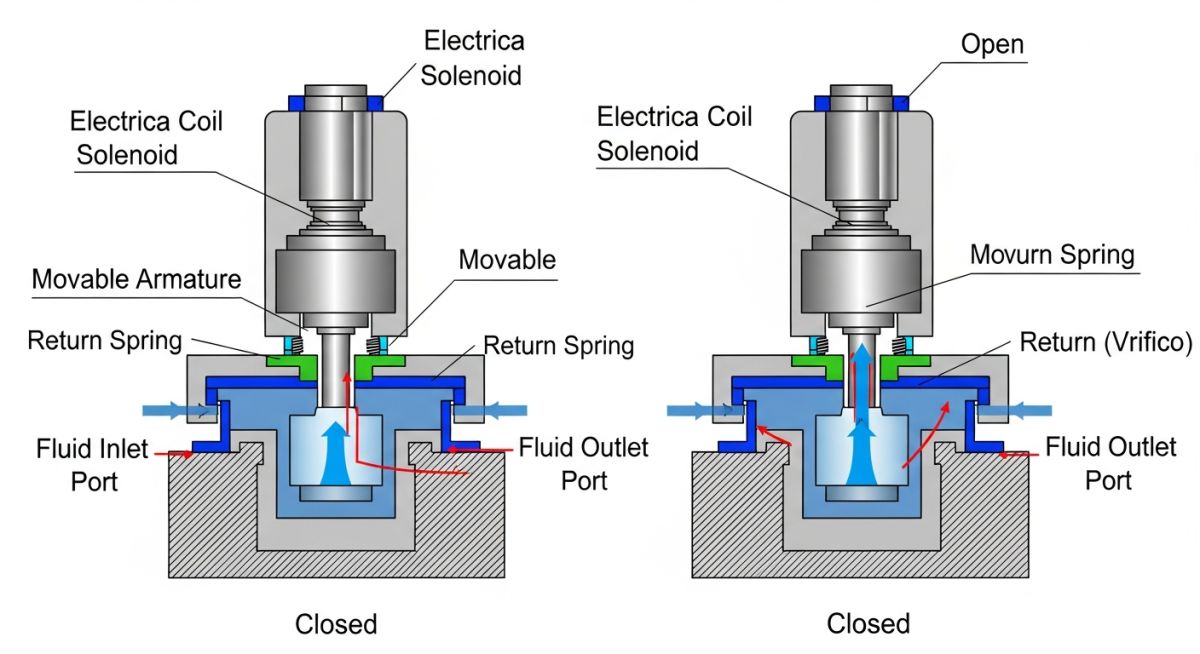 Cross-section diagram of a direct-acting solenoid valve showing coil, plunger, spring, and orifice