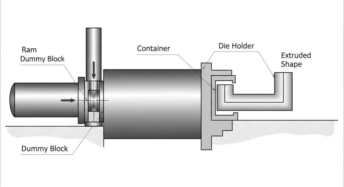 Direct aluminum extrusion process diagram showing billet, container, die, and profile