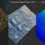 Comparison of DTM, DEM and TIN surface models showing raw survey data, triangulated meshes, and final terrain elevation grids for civil engineering.