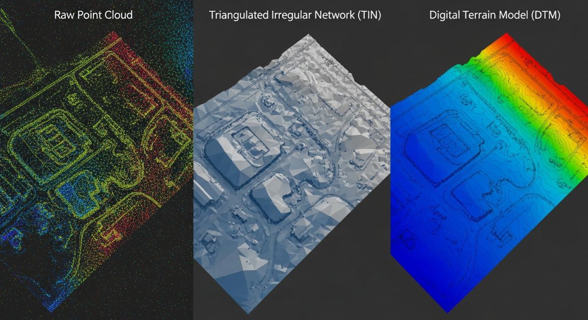 Comparison of DTM, DEM and TIN surface models showing raw survey data, triangulated meshes, and final terrain elevation grids for civil engineering.