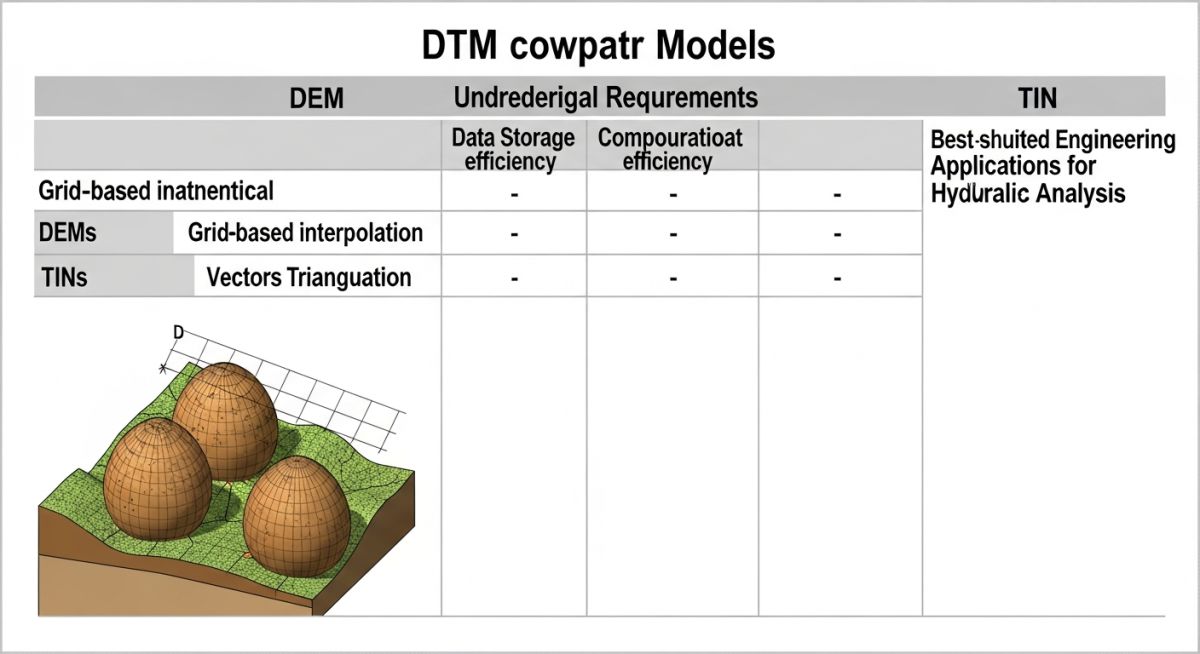 Technical matrix showing data structure differences between raster DEM and vector TIN models.