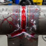 Red dye penetrant applied to a steel weld joint during a non-destructive dye penetration test.