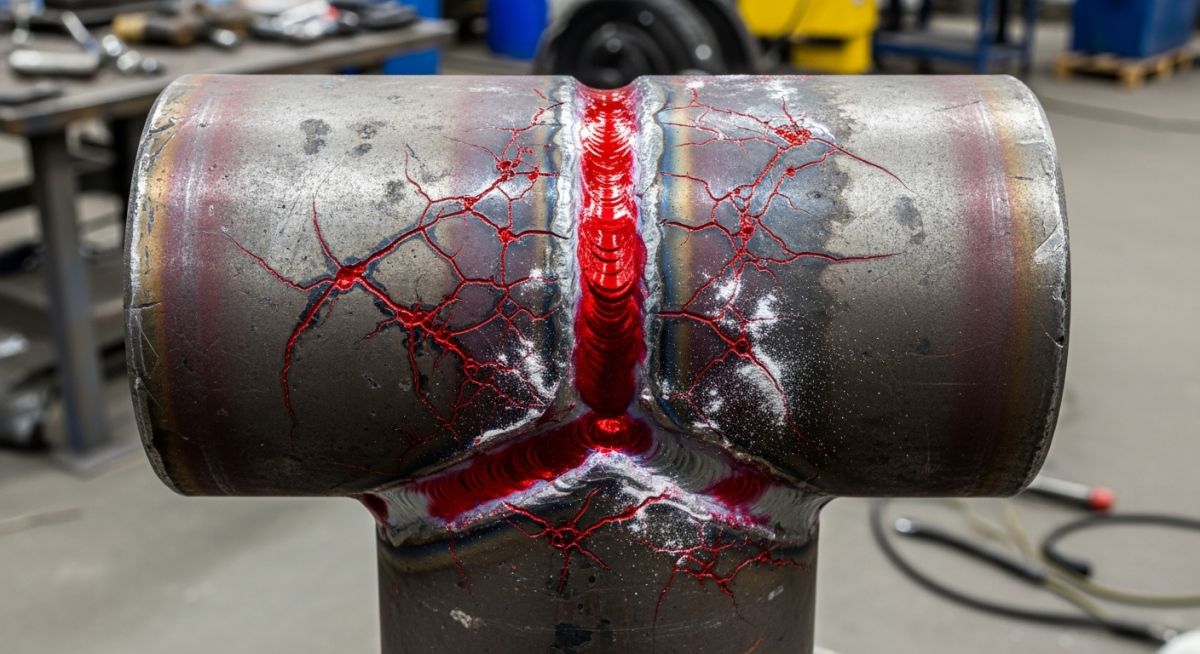 Red dye penetrant applied to a steel weld joint during a non-destructive dye penetration test.