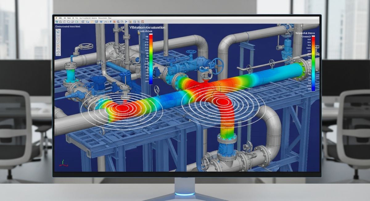 3D CAD model of piping system showing dynamic stress analysis heat map on a monitor