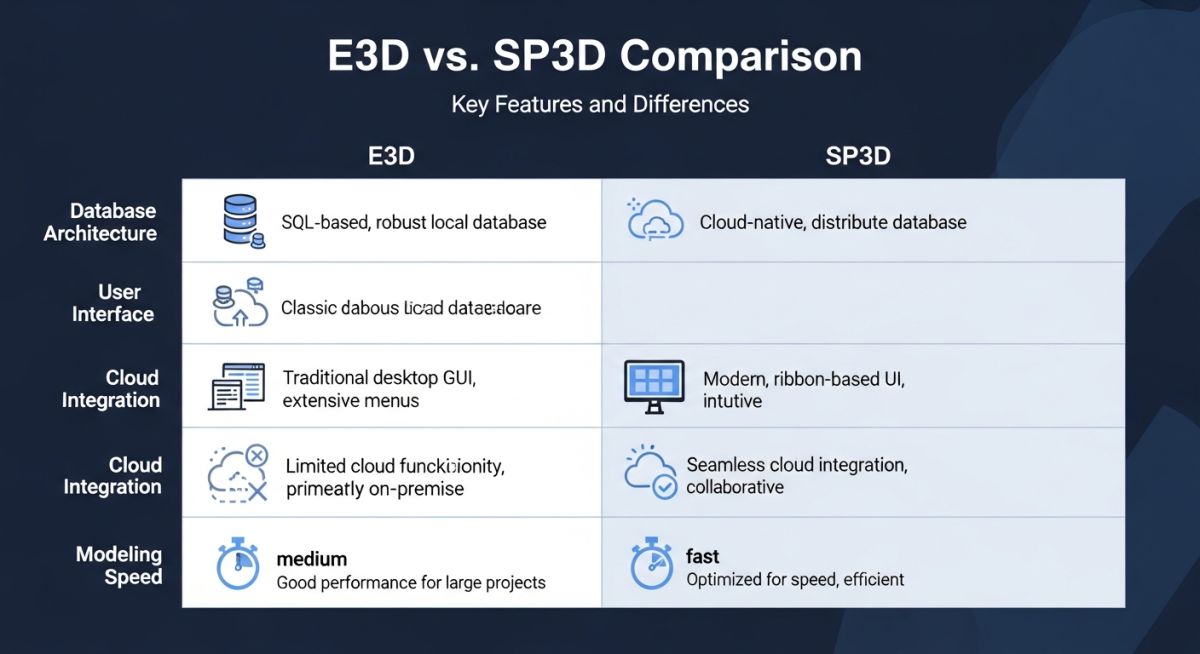 E3D vs SP3D technical comparison chart