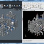 Comparison graphic of E3D and SP3D plant design software interfaces showing 3D piping models.