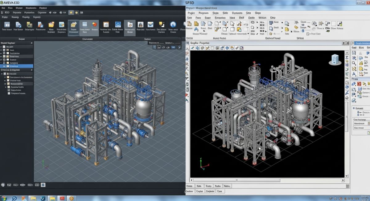 Comparison graphic of E3D and SP3D plant design software interfaces showing 3D piping models.