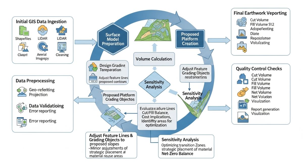 Workflow diagram for earthwork balancing using Civil 3D and GIS data