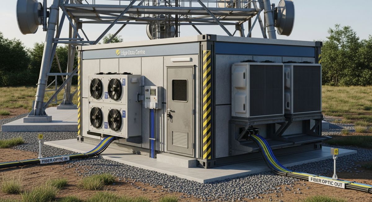 Modular Edge Data Centre unit installed at a telecommunications site for low-latency processing.