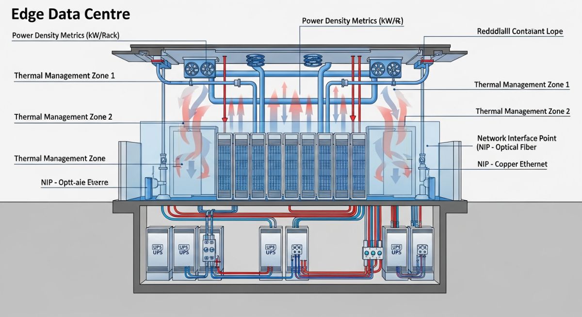 Technical schematic of edge data centre cooling and power distribution