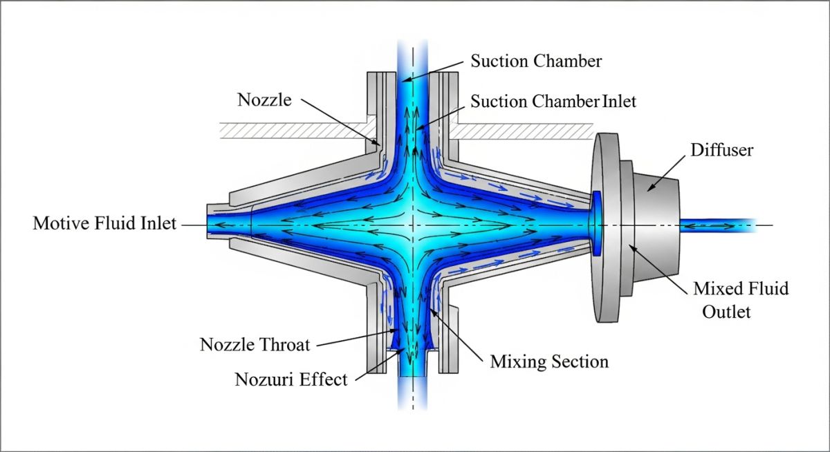 Ejector working principle cross section diagram showing nozzle, mixing chamber, and diffuser
