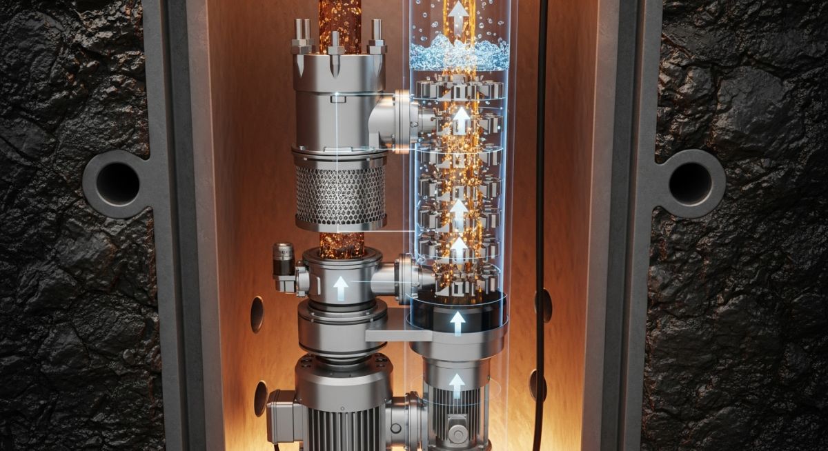 3D cross-section diagram of an electrical submersible pump system operating inside a deep wellbore.