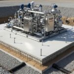 Professional engineering site view of a PEM electrolyzer skid mounted on a reinforced concrete foundation at a green hydrogen facility.