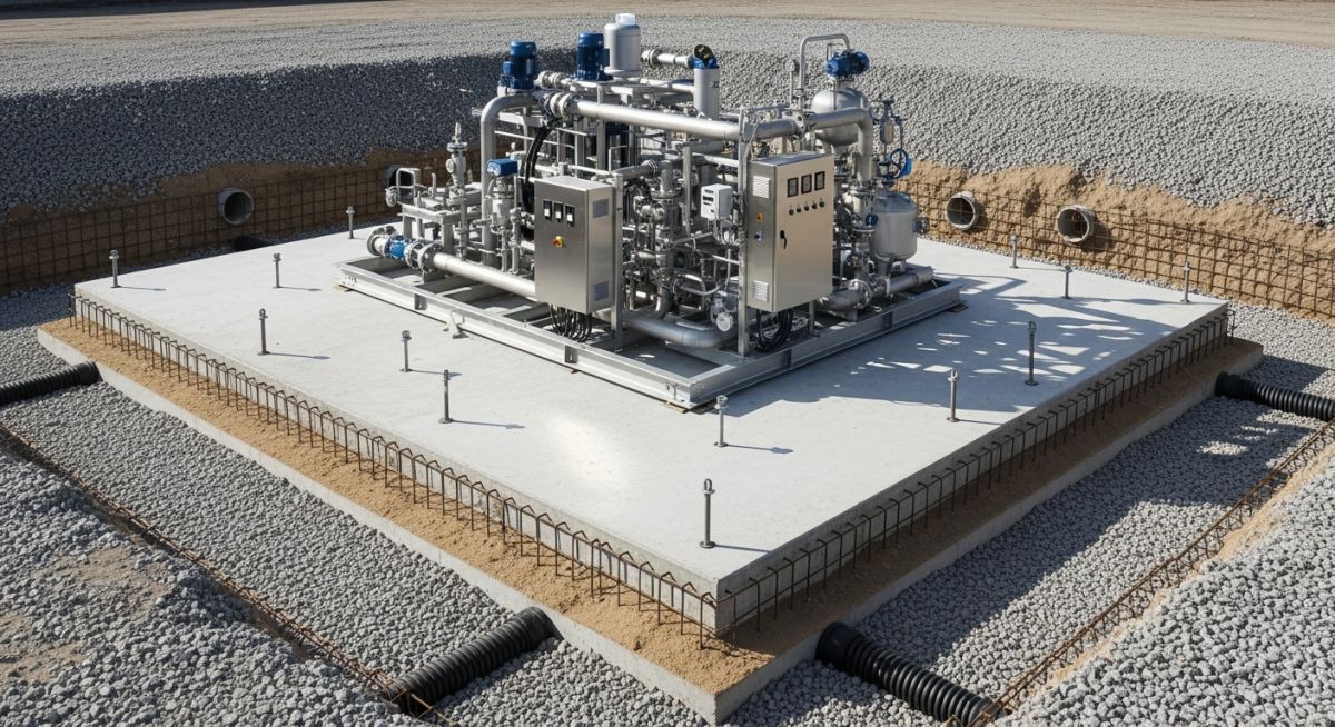 Professional engineering site view of a PEM electrolyzer skid mounted on a reinforced concrete foundation at a green hydrogen facility.