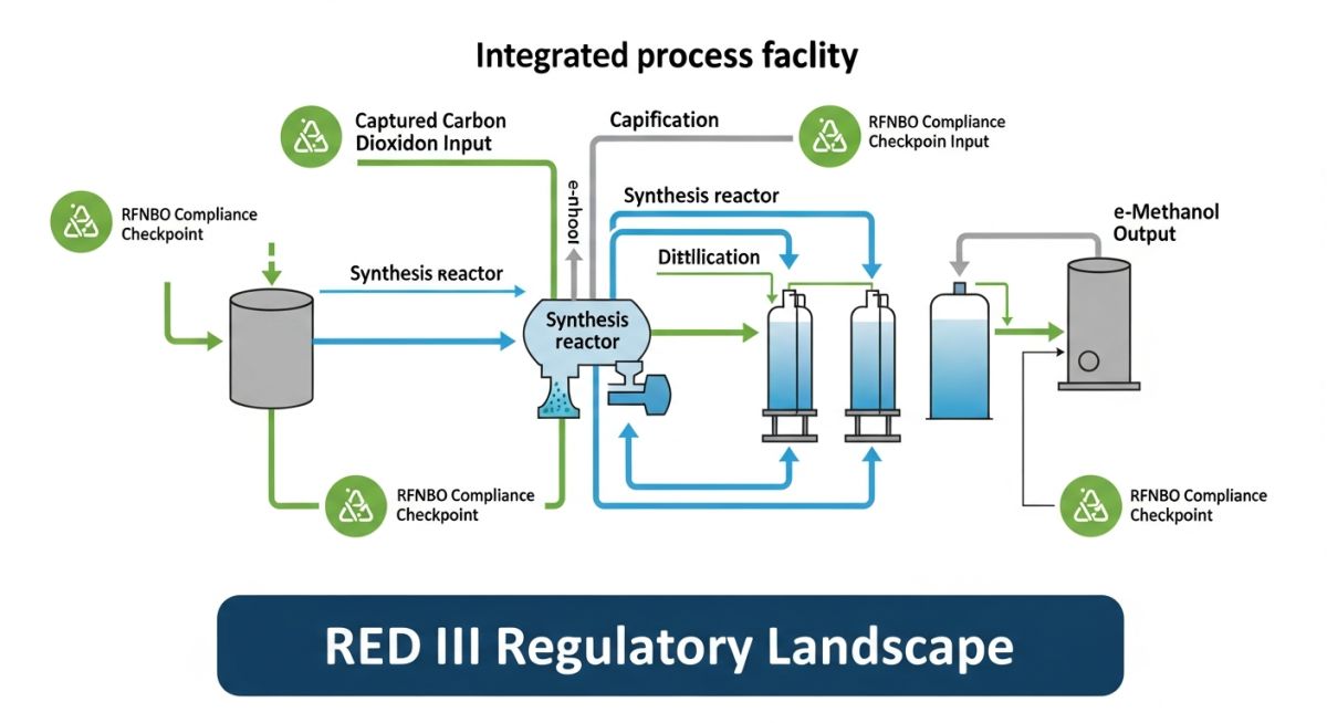 Process flow diagram of an e-Methanol plant showing green hydrogen and CO2 capture inputs meeting RFNBO compliance standards.