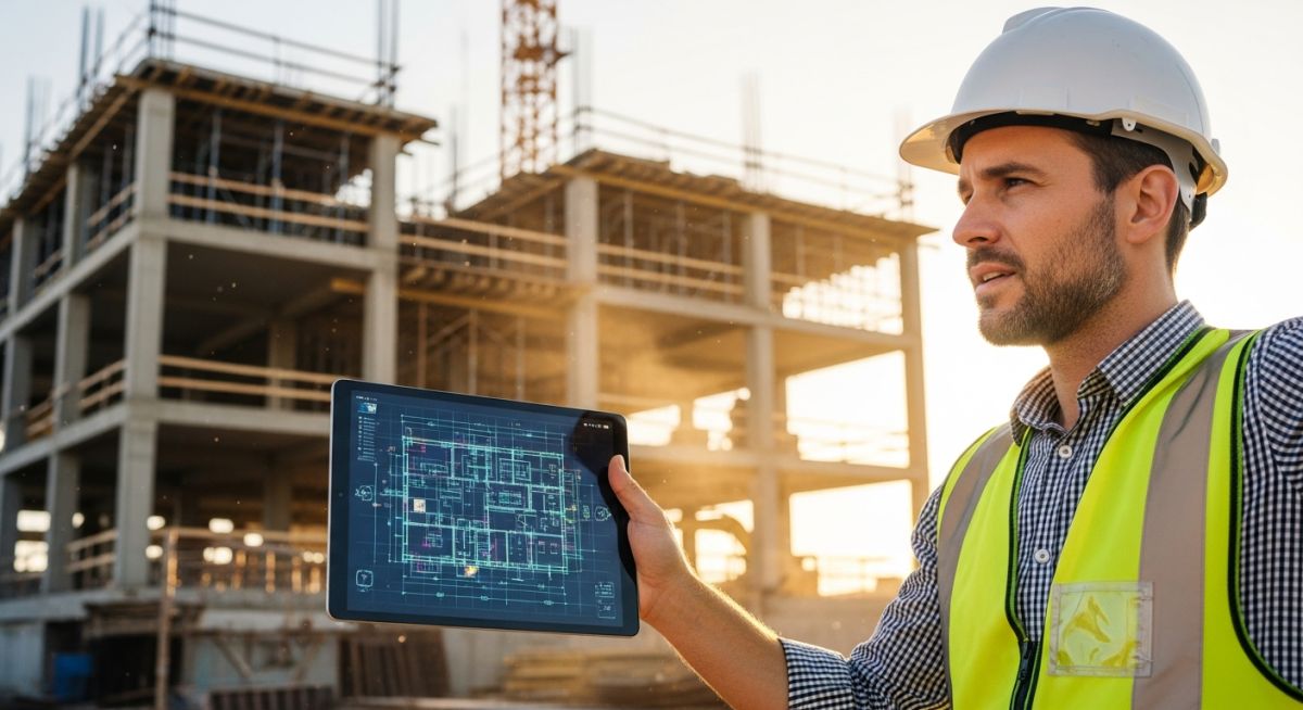 An engineer reviewing digital as-built drawings on a tablet at an active construction site.