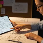 An engineer conducting a rigorous checking of design using digital tablets and printed engineering schematics.