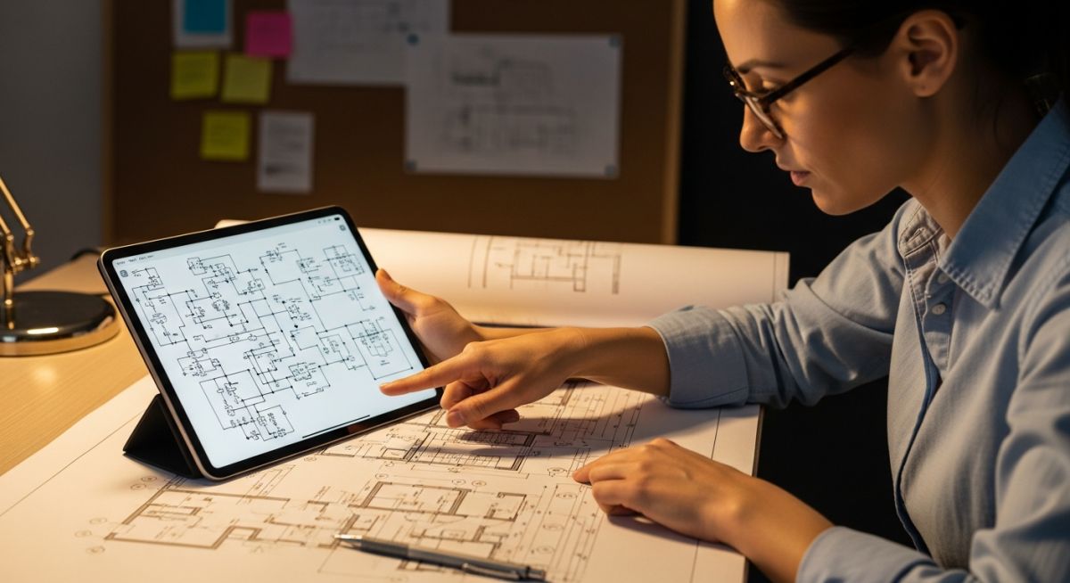 An engineer conducting a rigorous checking of design using digital tablets and printed engineering schematics.