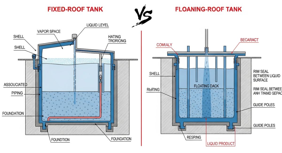 Engineering diagram of fixed and floating roof tank internals
