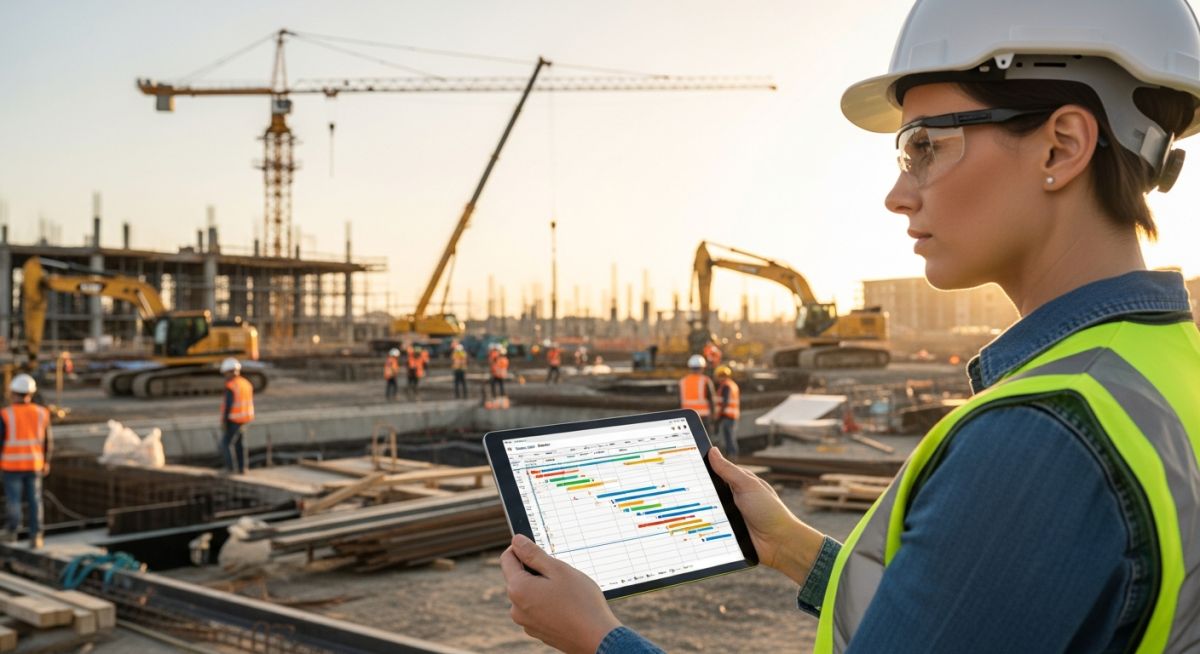 An engineering project manager holding a tablet with project charts on a construction site, representing PMP certification success.