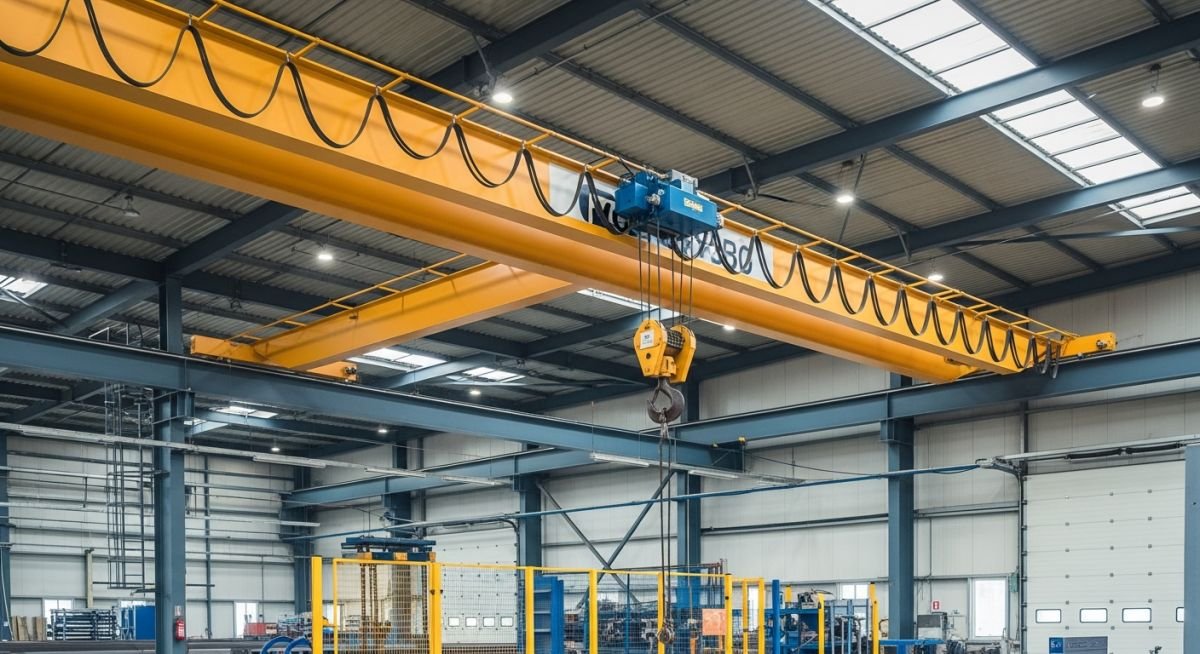 A double-girder EOT crane operating in a heavy industrial steel fabrication facility with clear view of the hoist and trolley.