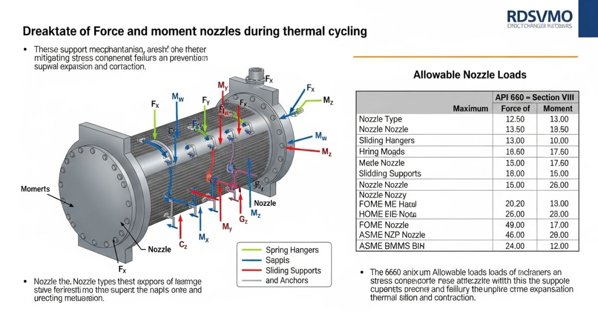 Technical diagram showing thermal expansion vectors on heat exchanger nozzles