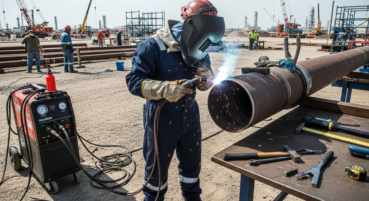 Professional welder performing high-precision field welding on industrial piping in a refinery construction site.