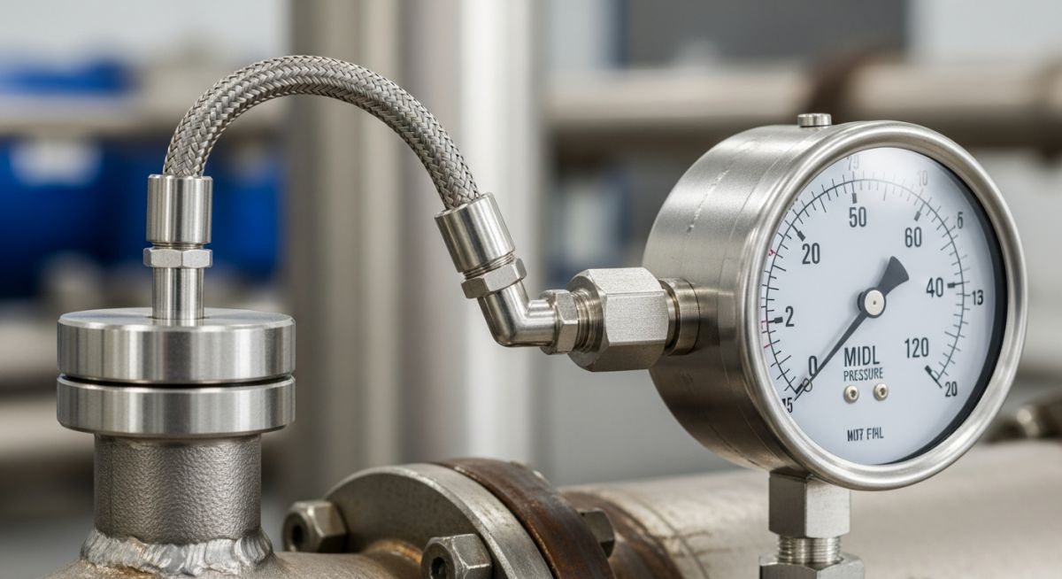 Industrial temperature measurement setup featuring a filled thermal system bulb, capillary tubing, and a remote dial indicator mounted on a process pipe.
