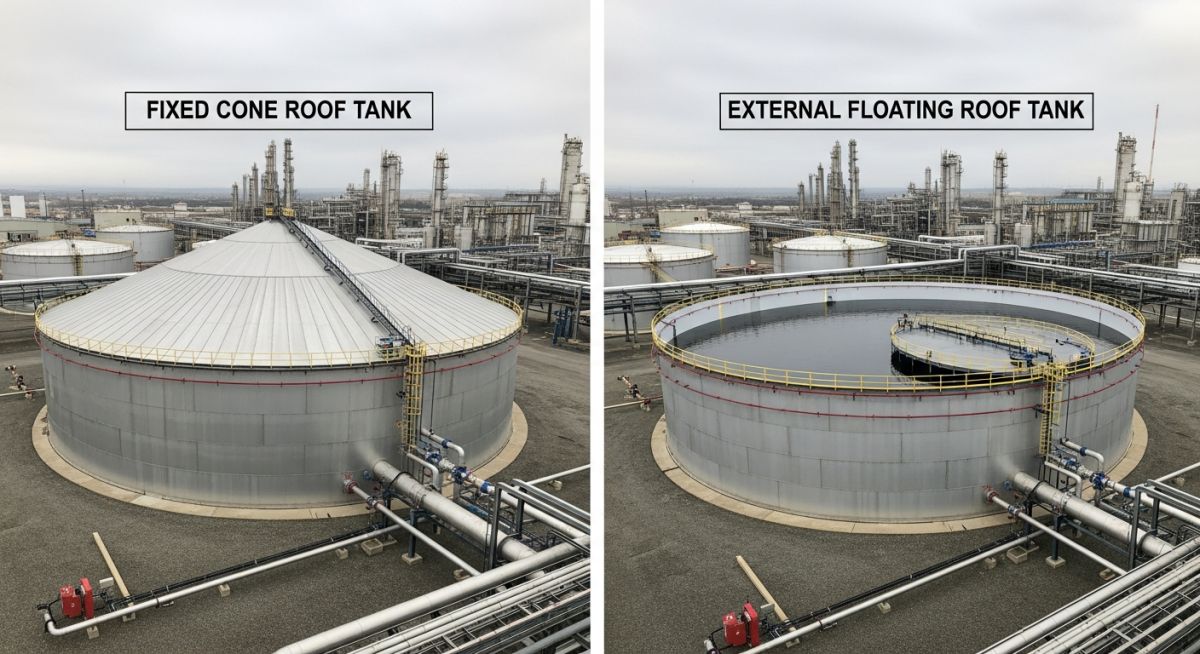 Side-by-side comparison of a fixed roof atmospheric storage tank and an external floating roof tank at an industrial facility.