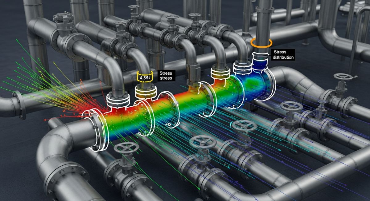 3D piping model showing flange leakage checking analysis in Caesar II software environment.