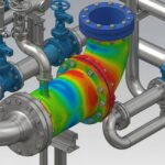 3D CAD rendering of a flanged elbow in a piping system showing stress analysis heat map