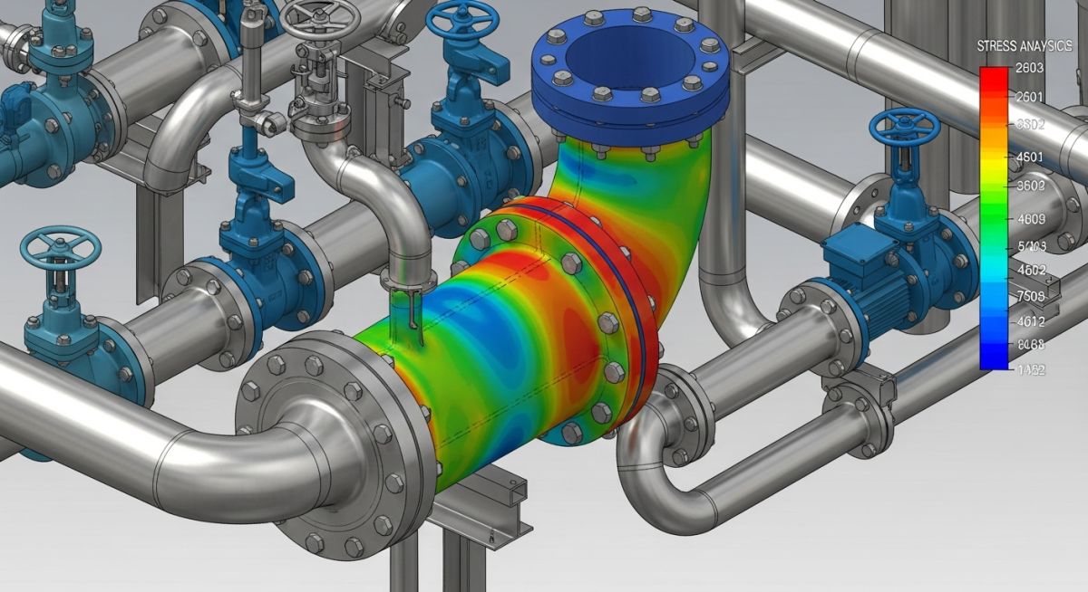 3D CAD rendering of a flanged elbow in a piping system showing stress analysis heat map