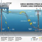 Technical diagram showing the mooring spread, anchor types, buoyancy modules on dynamic cables, and subsea umbilical connections for floating wind turbines.