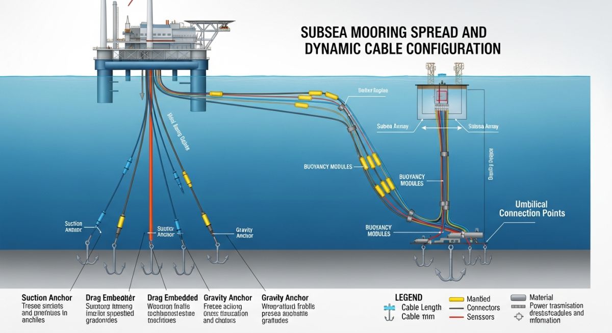 Technical diagram showing the mooring spread, anchor types, buoyancy modules on dynamic cables, and subsea umbilical connections for floating wind turbines.