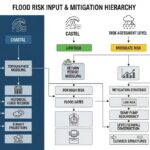 Technical infographic showing the workflow of flood risk assessment for data centres, including hydrological inputs and mitigation strategies.