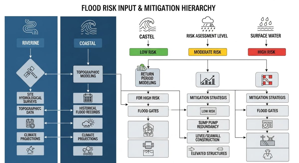 Technical infographic showing the workflow of flood risk assessment for data centres, including hydrological inputs and mitigation strategies.