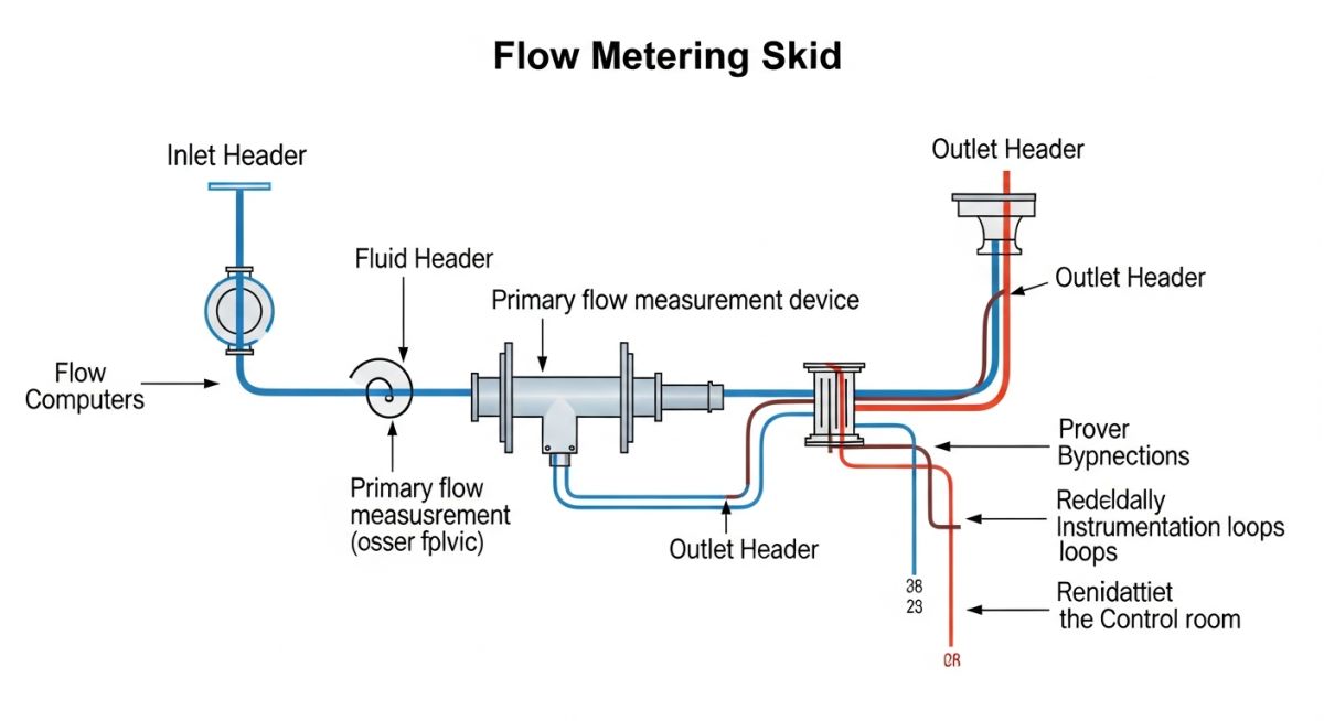Technical schematic diagram of a Flow Metering Skid showing piping, instrumentation, and control signal paths.
