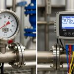 Side-by-side comparison of an industrial flow meter and a digital flow transmitter installed on a pipeline.