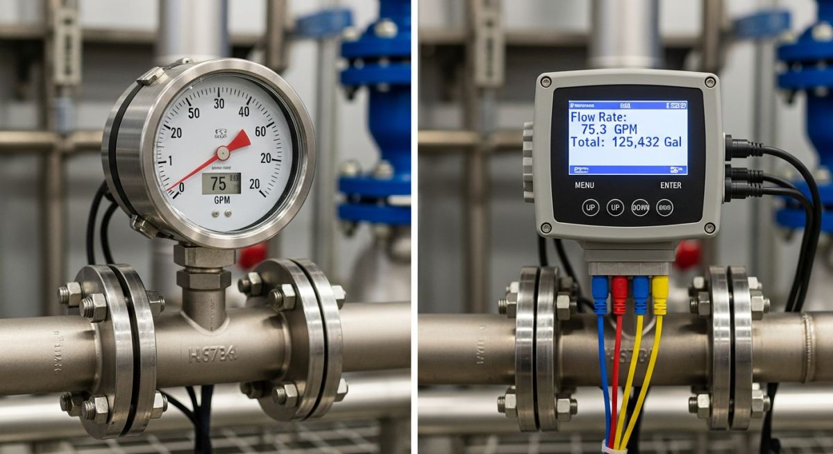 Side-by-side comparison of an industrial flow meter and a digital flow transmitter installed on a pipeline.