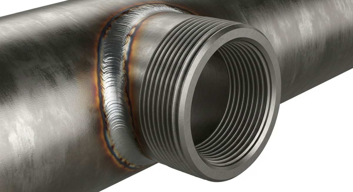 A forged steel threadolet fitting welded to a main run pipe showing internal threads.