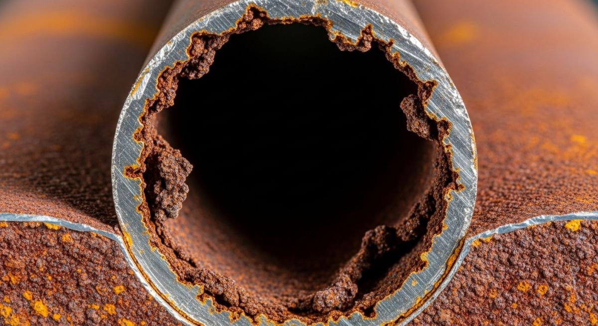 Close-up view of severe pitting and uniform corrosion on a carbon steel pipe section in an industrial facility.