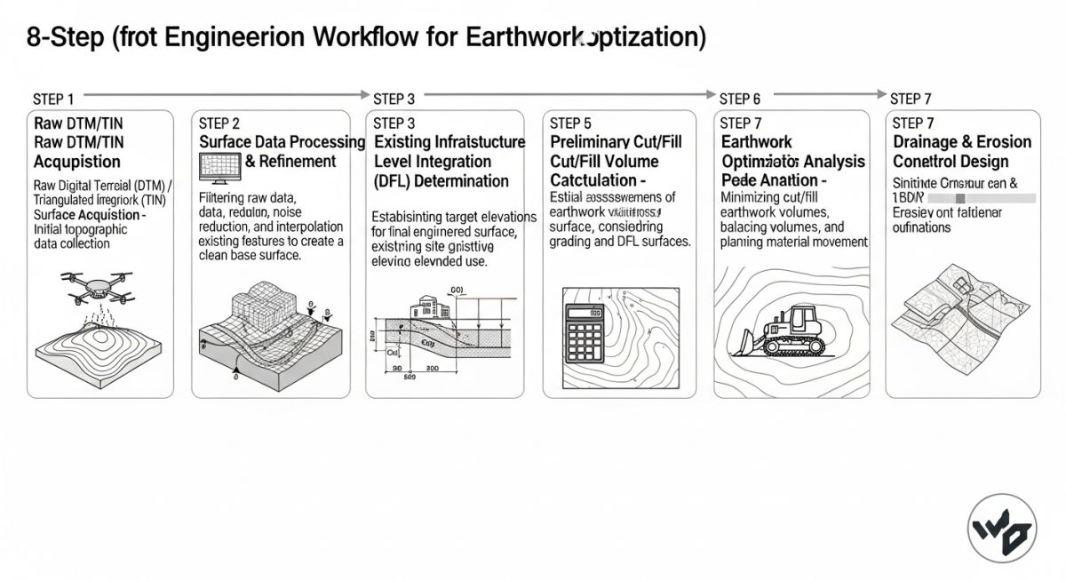 Workflow infographic for establishing FPL and calculating site earthworks