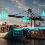 Modern container ship at a European port with digital overlays showing FuelEU Maritime carbon intensity reduction metrics and RFNBO fuel integration.