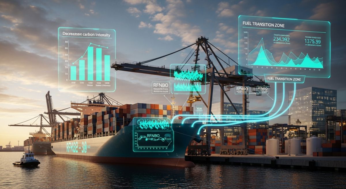 Modern container ship at a European port with digital overlays showing FuelEU Maritime carbon intensity reduction metrics and RFNBO fuel integration.