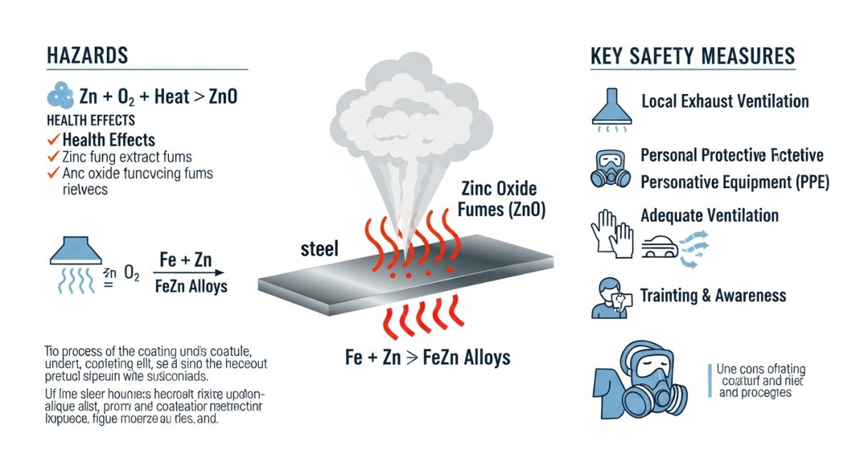 Galvanized steel welding health risks and safety controls infographic