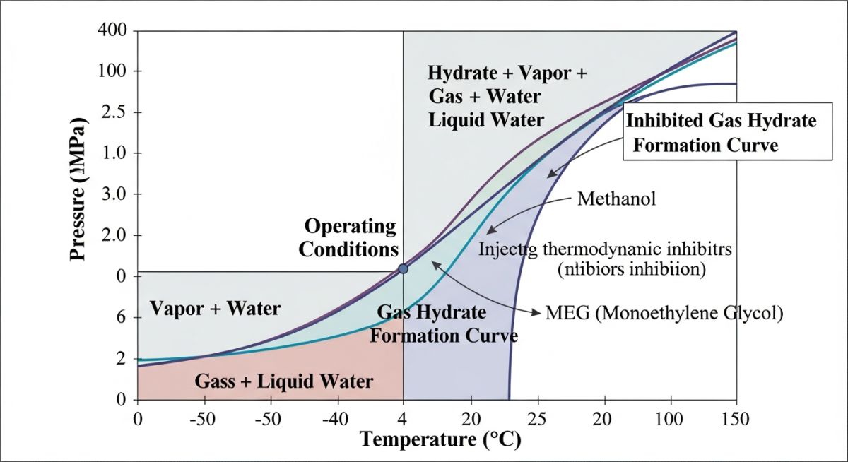 Phase diagram showing hydrate formation curve and the shifting effect of thermodynamic inhibitors