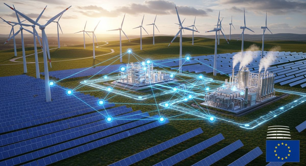 Conceptual diagram of renewable energy grid integration for green hydrogen production under EU RFNBO regulatory standards.