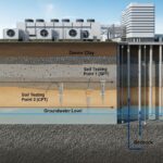Cross-section diagram of a data centre foundation showing soil strata, pile foundations, and groundwater monitoring wells for geotechnical analysis.